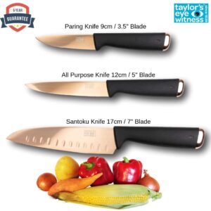 Taylors Eye Witness Juno Chrome 3 Piece Starter Knife Set - Paring, Utility & Santoku Knives. Precision Taper Ground. Strong Over Moulded Handle. 5 Year Guarantee