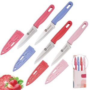 vsl vanslenson 4 pieces kitchen knife set stainless steel blade, paring knife for fruit and vegetable with matching covers colorful combo lovely pink color gift set (4)