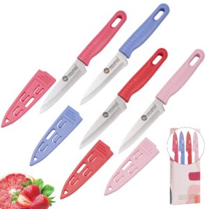 VSL VANSLENSON 4 Pieces Kitchen Knife Set Stainless Steel Blade, Paring knife for Fruit and Vegetable with Matching Covers Colorful Combo Lovely Pink Color Gift Set (4)