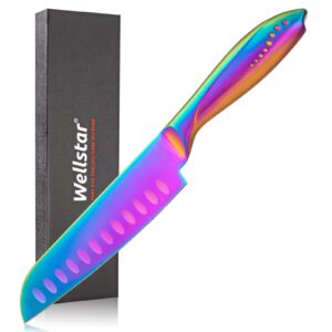 wellstar santoku knife 5 inch, super sharp german steel kitchen cooking knife with comfortable handle and rainbow coating for slicing dicing and mincing of meat vegetables and fruits for small hand