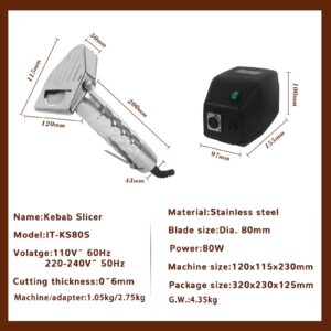 Commercial Shawarma Cutter Electric Gyro Slicer Doner Kebab Knife with 2 Blades & Holder, Stainless Steel Meat Cutter Machine for Shawarma, 0~6mm Thickness