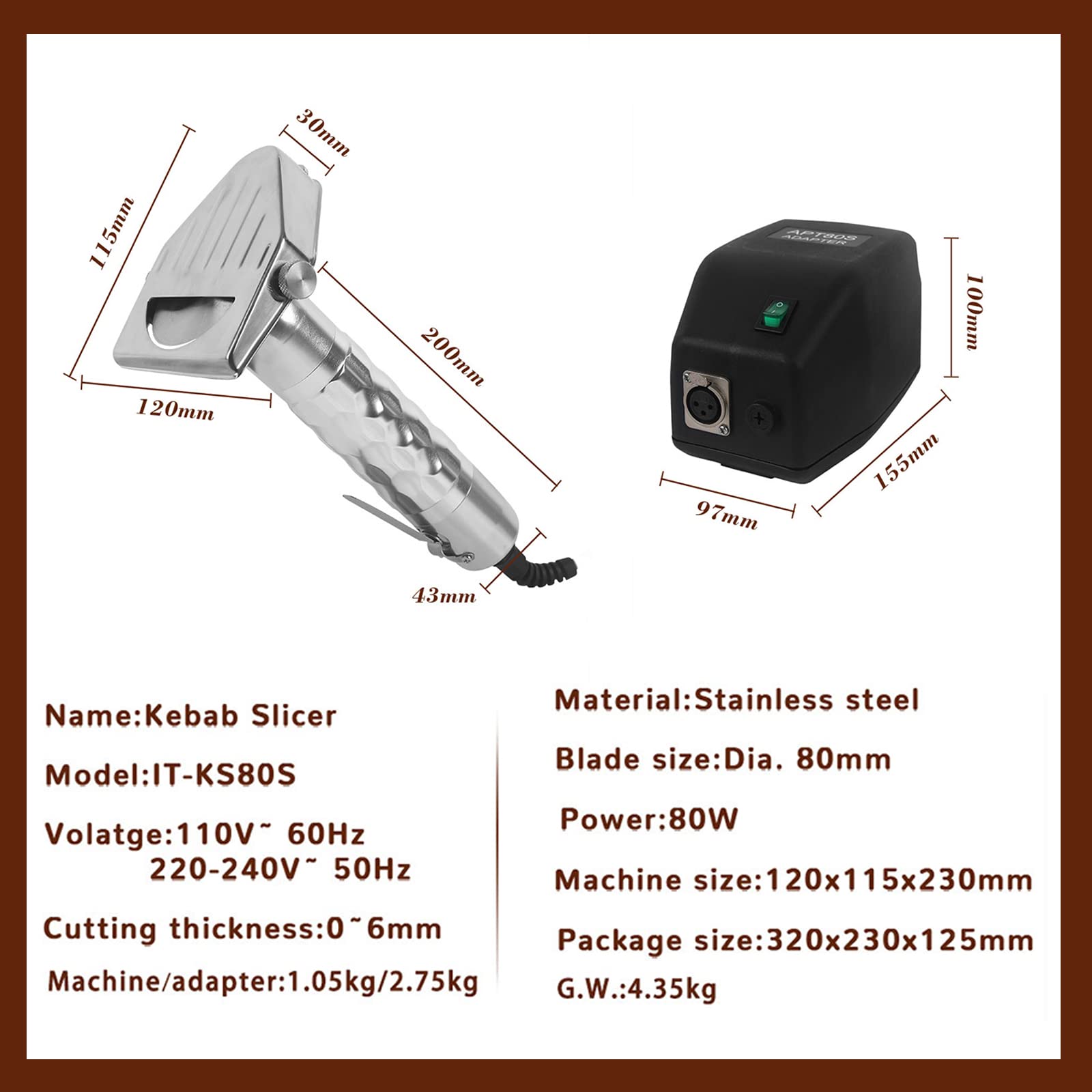 Commercial Shawarma Cutter Electric Gyro Slicer Doner Kebab Knife with 2 Blades & Holder, Stainless Steel Meat Cutter Machine for Shawarma, 0~6mm Thickness