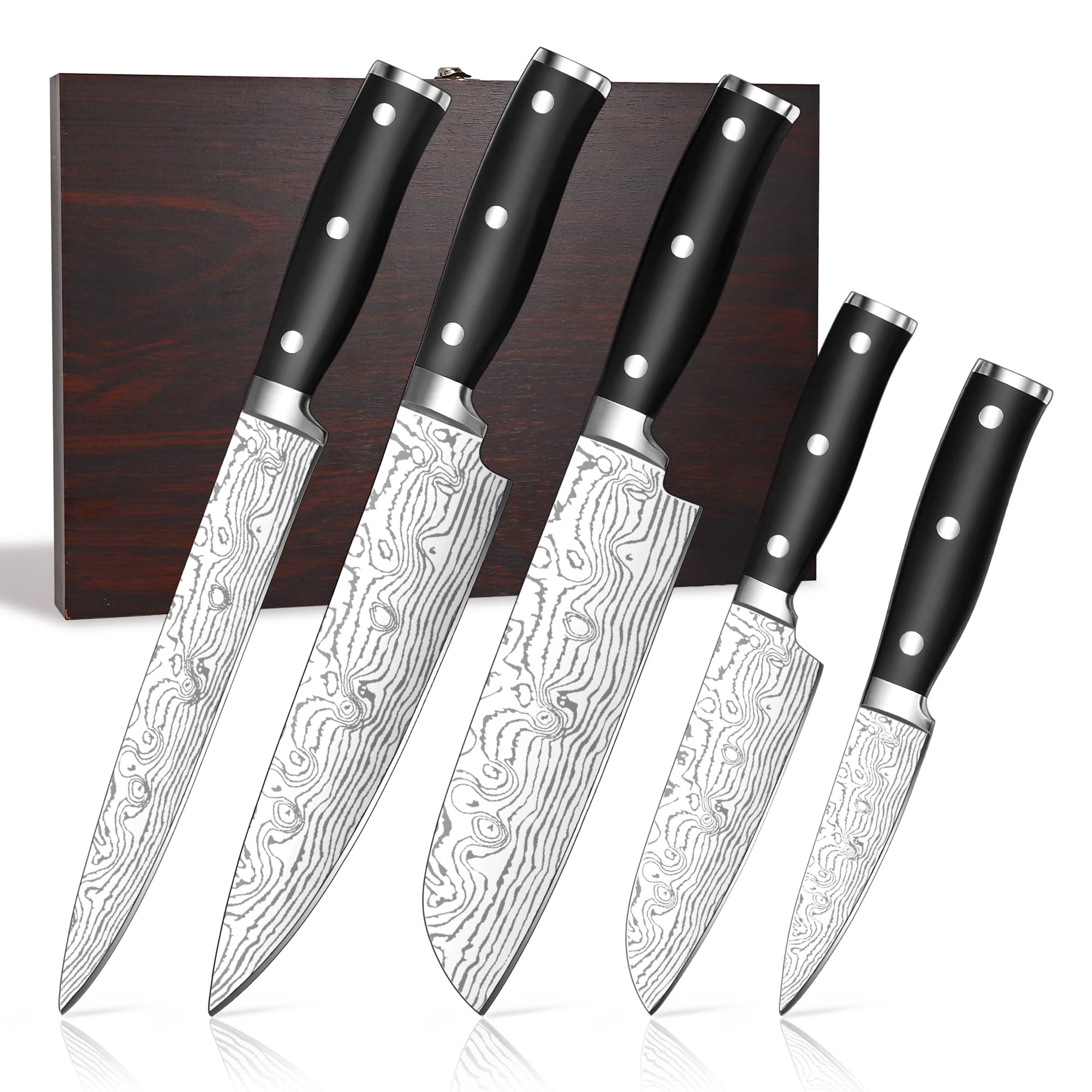 Kitchen Knife Sets, High Carbon Stainless Steel Knife Set with Wood Case, 5-Piece Chef Knives with Ergonomic Triple Riveted Handle, Rust-proof For Home and Restaurant Use, Easy to clean