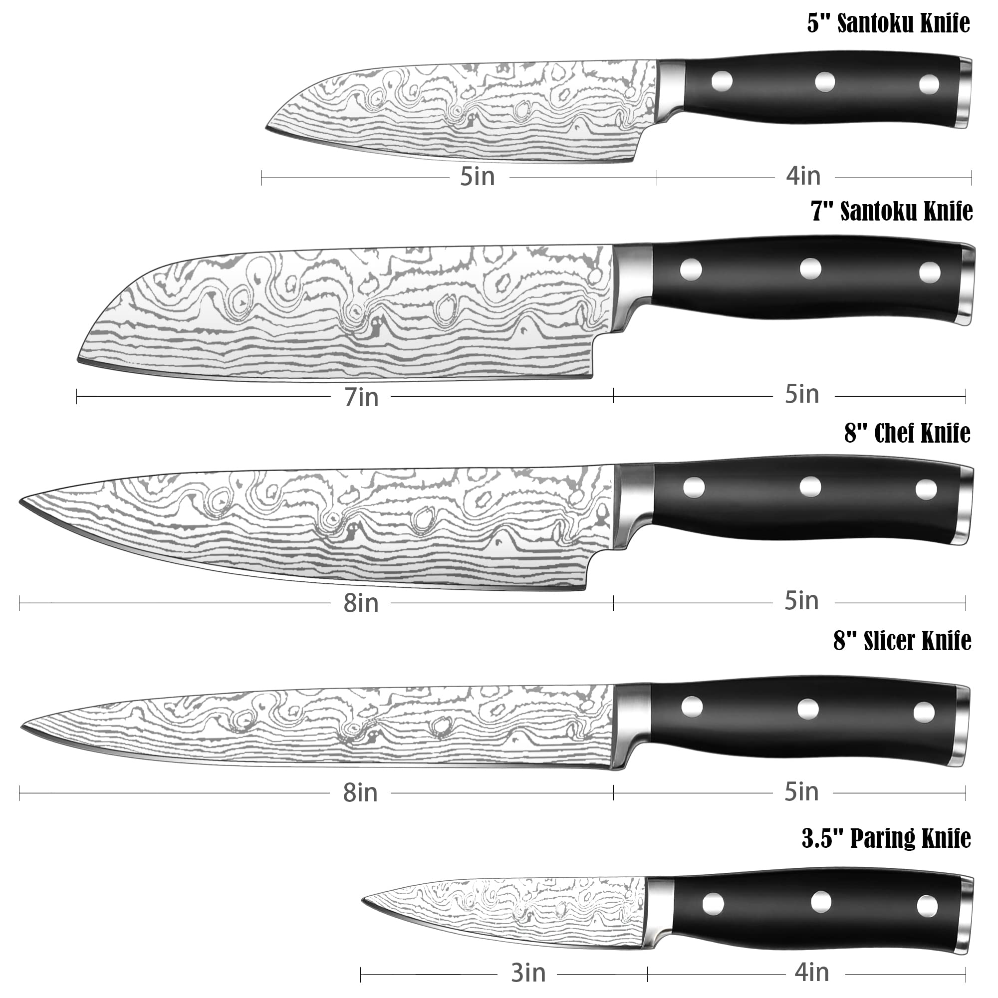 Kitchen Knife Sets, High Carbon Stainless Steel Knife Set with Wood Case, 5-Piece Chef Knives with Ergonomic Triple Riveted Handle, Rust-proof For Home and Restaurant Use, Easy to clean