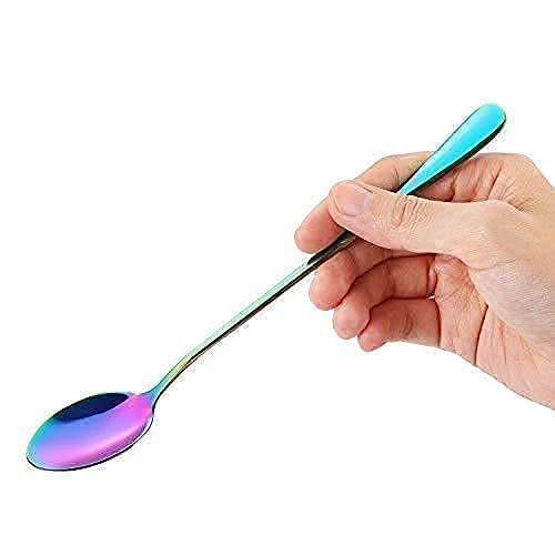 Marco Almond Rainbow Color Long Handle Spoons+Rainbow Color Cutlery Knife Set, Marco Almond KYA27 Kitchen Knives Set with Wooden Block