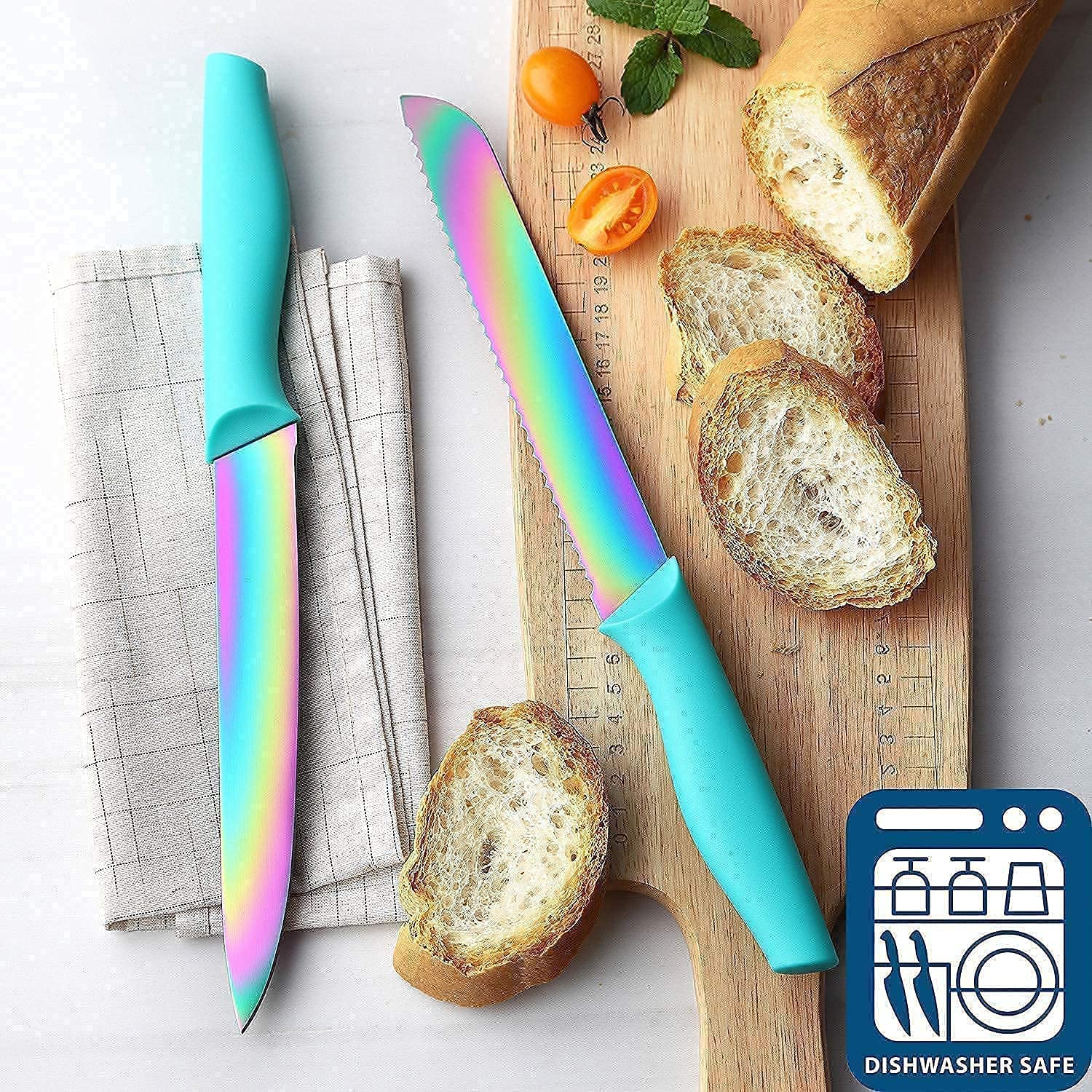 Marco Almond Rainbow Color Long Handle Spoons+Rainbow Color Cutlery Knife Set, Marco Almond KYA27 Kitchen Knives Set with Wooden Block