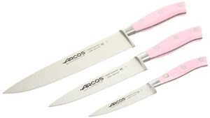 arcos forged professional kitchen knives set. 3 cooking knives for cutting and peeling food. ergonomic polyoxymethylene handle. series riviera. color rose