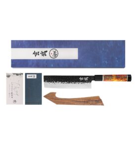 concord genbu traditional japanese chef's knife raw hammered double beveled 9cr18mov blade w/ 60 hrc. tortoise shell resin handle. comes with magnetic magnolia wood sheath with stand. (7" nakiri)