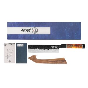 Concord Genbu Traditional Japanese Chef's Knife Raw Hammered Double Beveled 9CR18MOV Blade w/ 60 HRC. Tortoise Shell Resin Handle. Comes with Magnetic Magnolia Wood Sheath with Stand. (7" Nakiri)