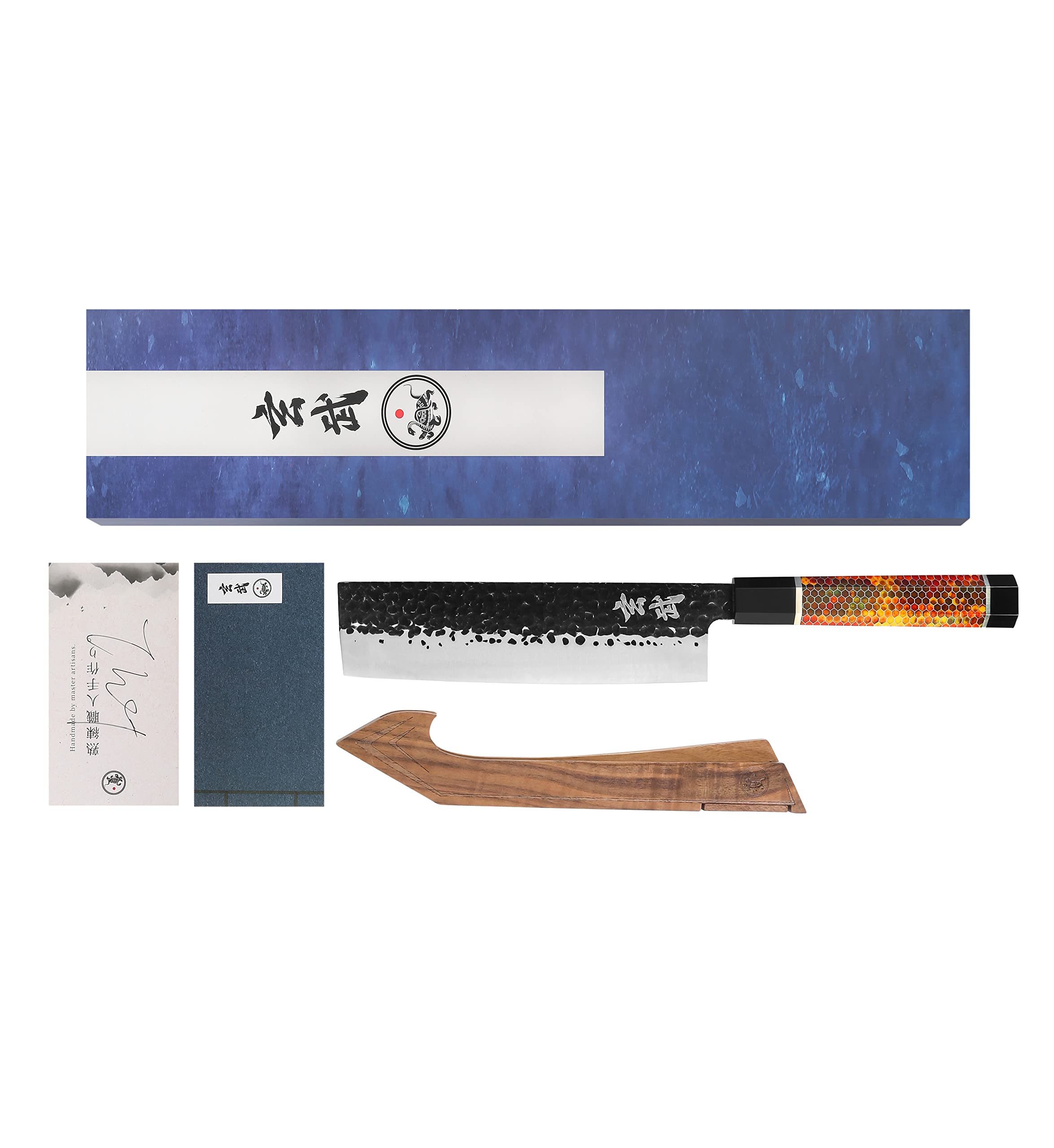 Concord Genbu Traditional Japanese Chef's Knife Raw Hammered Double Beveled 9CR18MOV Blade w/ 60 HRC. Tortoise Shell Resin Handle. Comes with Magnetic Magnolia Wood Sheath with Stand. (7" Nakiri)