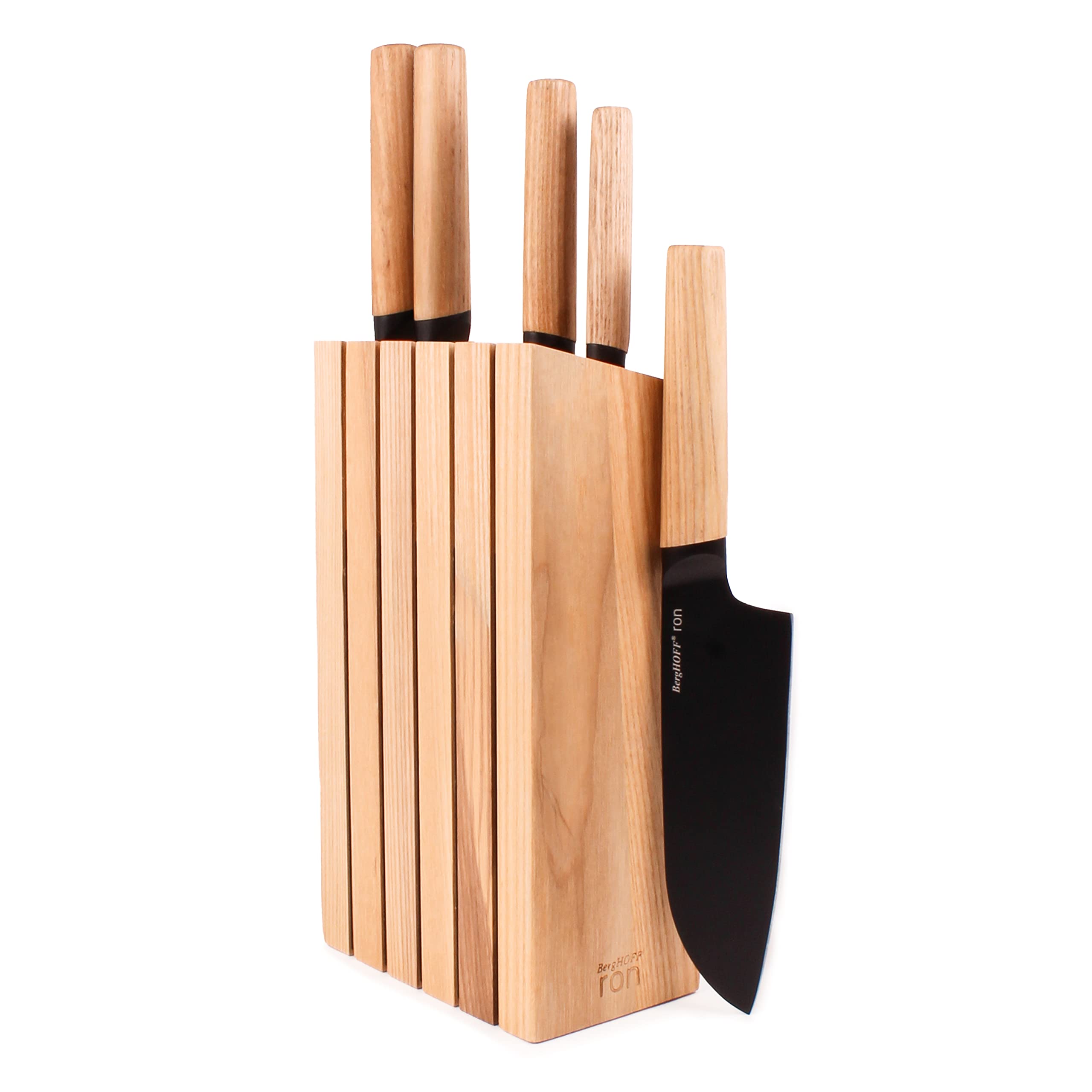 BergHOFF RON 5Pc Non-stick Knife Set With Wood Block Titanium PVD Coating Sharp & Well Balanced Seamless Transition Ash Wood Handle Anti-skid Base