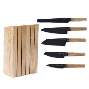 BergHOFF RON 5Pc Non-stick Knife Set With Wood Block Titanium PVD Coating Sharp & Well Balanced Seamless Transition Ash Wood Handle Anti-skid Base