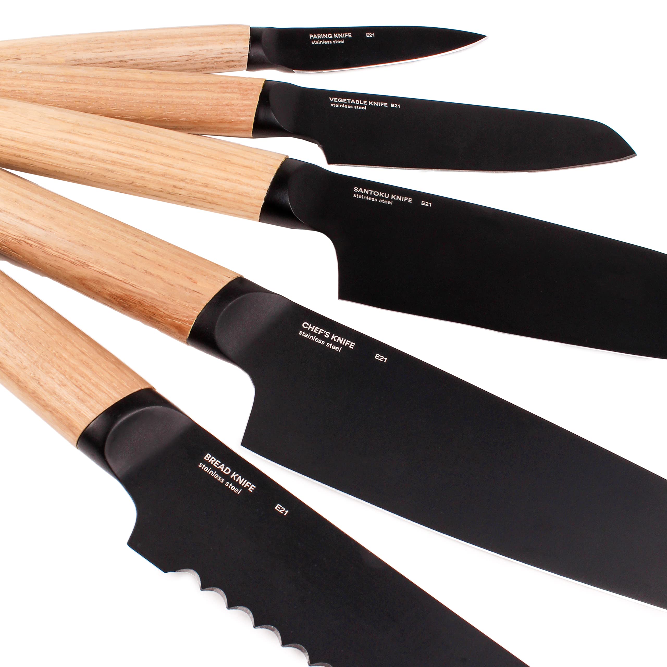 BergHOFF RON 5Pc Non-stick Knife Set With Wood Block Titanium PVD Coating Sharp & Well Balanced Seamless Transition Ash Wood Handle Anti-skid Base