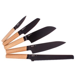 BergHOFF RON 5Pc Non-stick Knife Set With Wood Block Titanium PVD Coating Sharp & Well Balanced Seamless Transition Ash Wood Handle Anti-skid Base