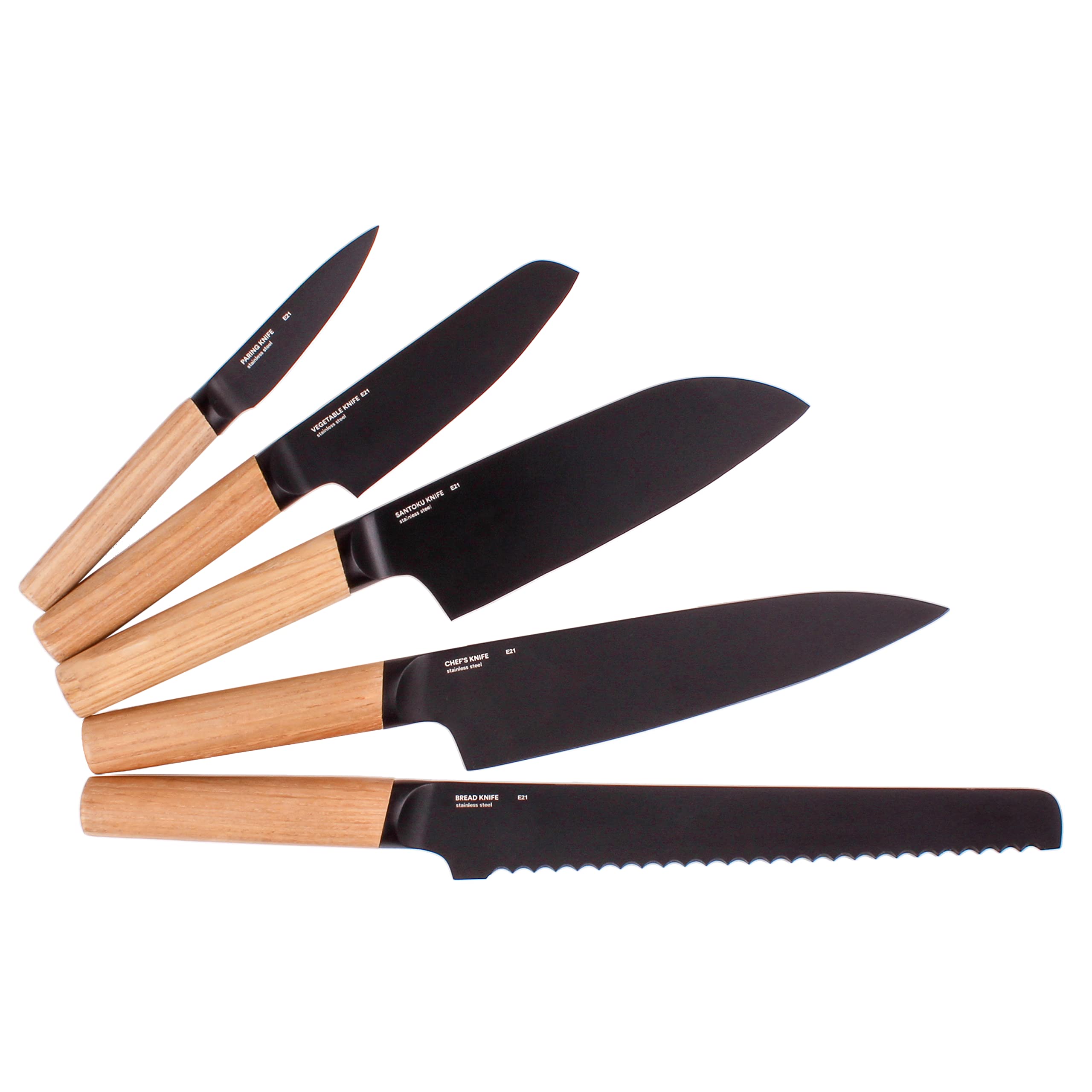 BergHOFF RON 5Pc Non-stick Knife Set With Wood Block Titanium PVD Coating Sharp & Well Balanced Seamless Transition Ash Wood Handle Anti-skid Base