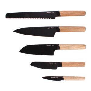 BergHOFF RON 5Pc Non-stick Knife Set With Wood Block Titanium PVD Coating Sharp & Well Balanced Seamless Transition Ash Wood Handle Anti-skid Base