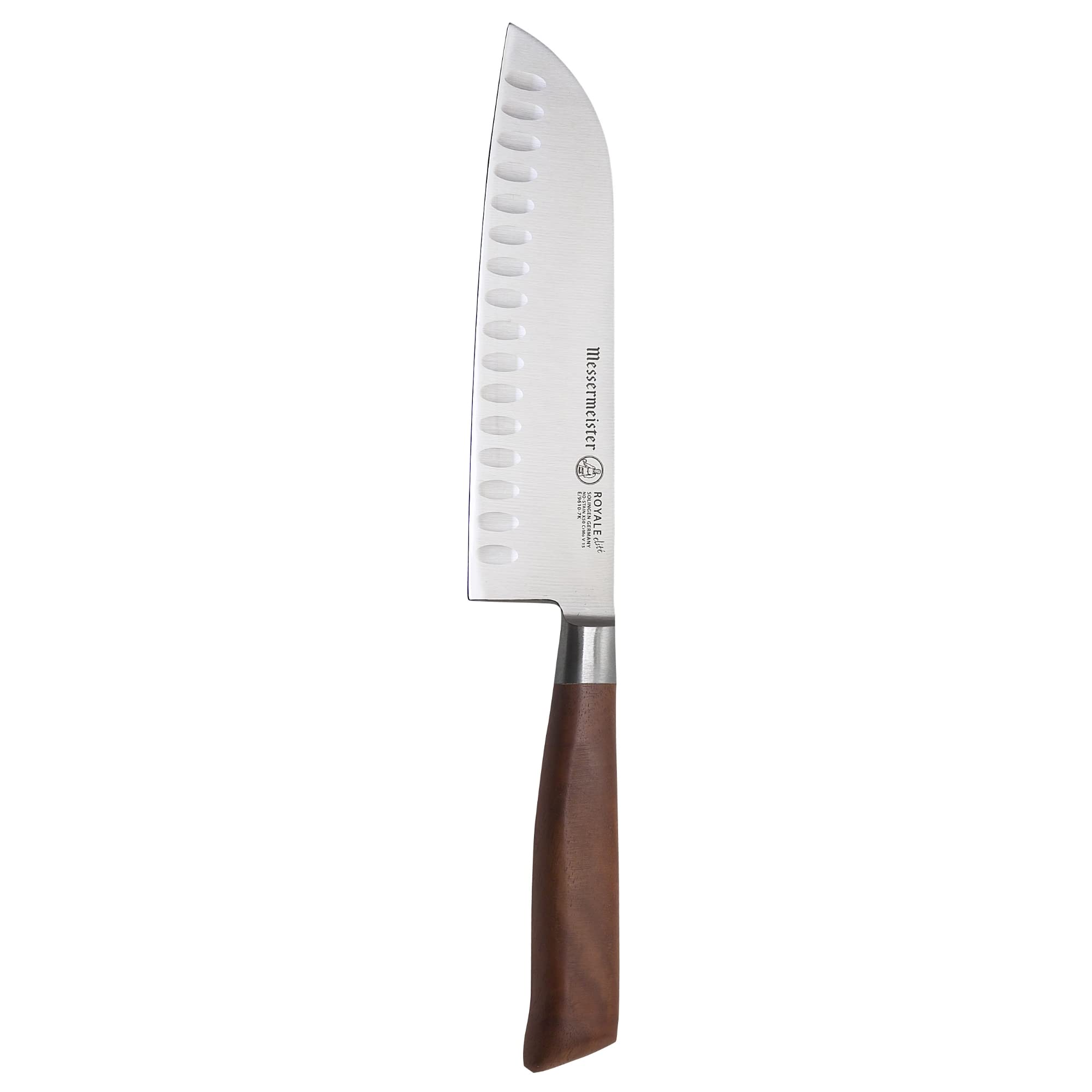 Messermeister Royale Elite 7” Kullenschliff Santoku Knife - Japanese Chef’s Knife - Stainless Steel & American Walnut Burl Handle - Rust Resistant & Easy to Maintain