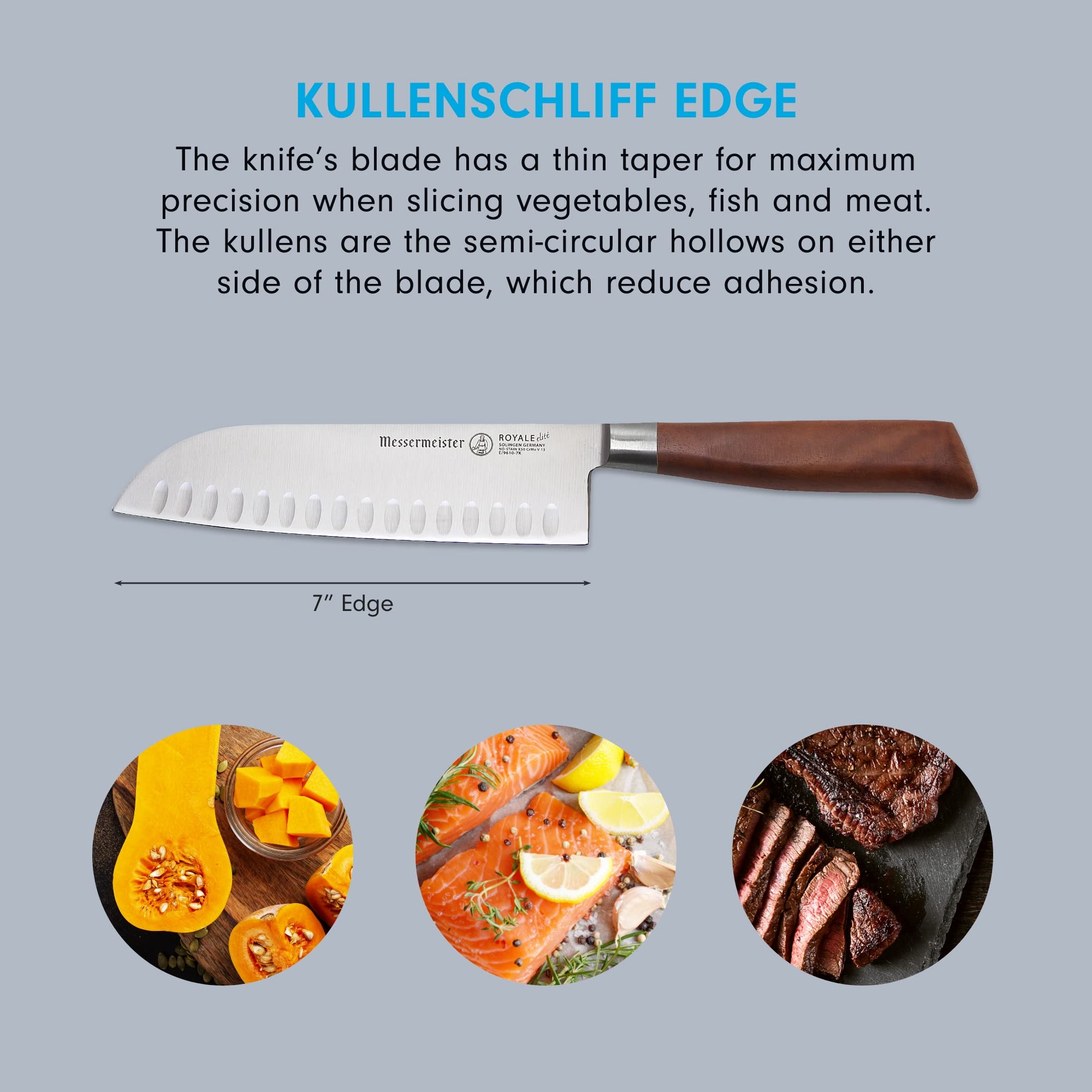 Messermeister Royale Elite 7” Kullenschliff Santoku Knife - Japanese Chef’s Knife - Stainless Steel & American Walnut Burl Handle - Rust Resistant & Easy to Maintain