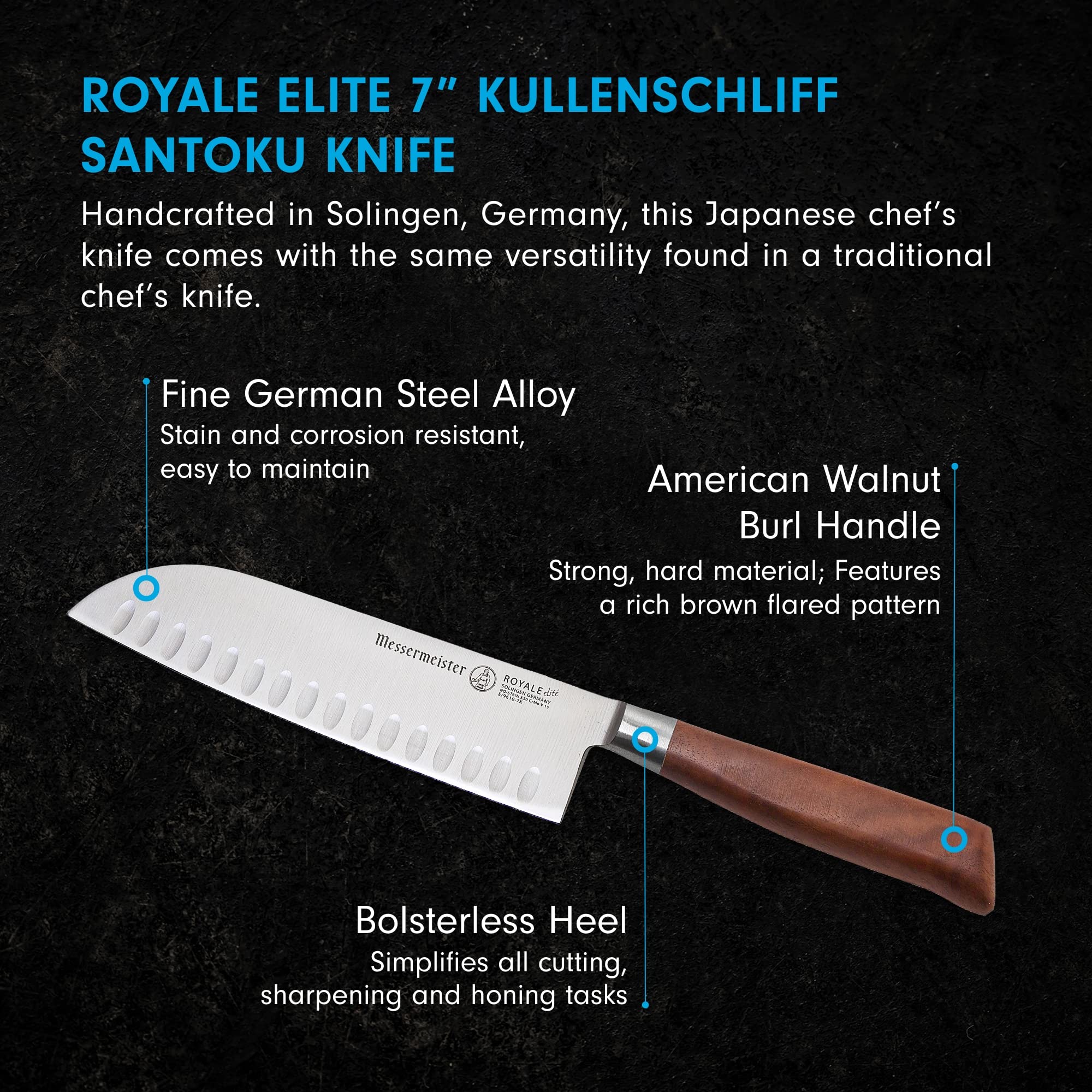 Messermeister Royale Elite 7” Kullenschliff Santoku Knife - Japanese Chef’s Knife - Stainless Steel & American Walnut Burl Handle - Rust Resistant & Easy to Maintain