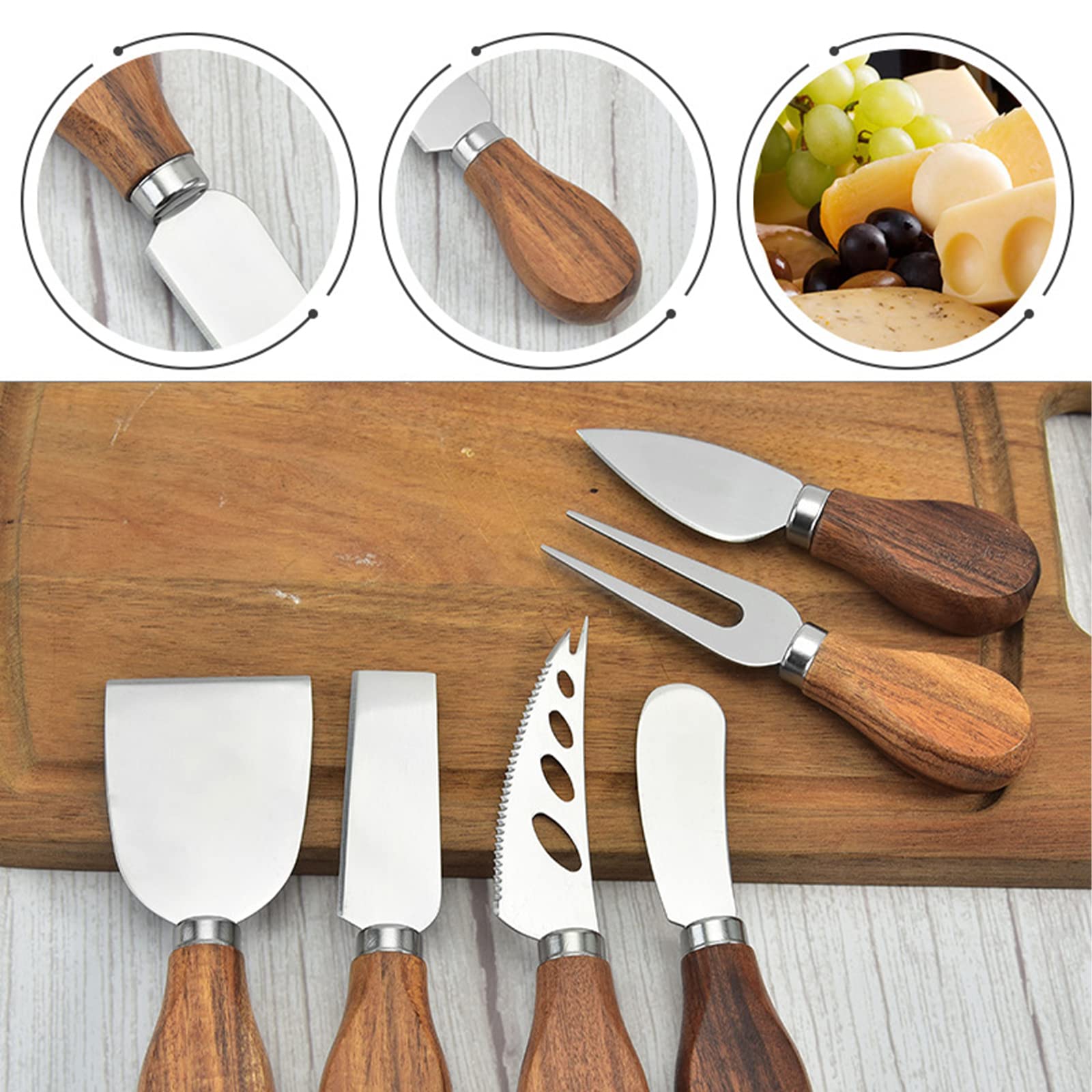 Okllen 6 Piece Cheese Knives Set with Acacia Wood Handles, Stainless Steel Cheese Knife Collection Cutlery Gift Set Cheese Slicer, Cutter, Fork, Spreading Knife for Charcuterie Boards, Pizza, Cake