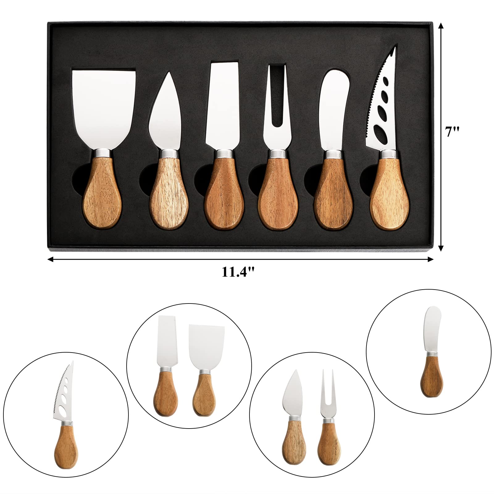 Okllen 6 Piece Cheese Knives Set with Acacia Wood Handles, Stainless Steel Cheese Knife Collection Cutlery Gift Set Cheese Slicer, Cutter, Fork, Spreading Knife for Charcuterie Boards, Pizza, Cake