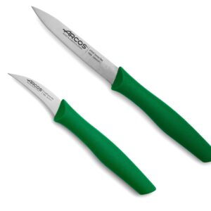 ARCOS 2 Pieces Paring Knife Set. 2 Peeling Knives of Stainless Steel and Ergonomic Polypropylene Handle for Cutting Fruits, Vegetables and Tubers. Series Nova. Color Green