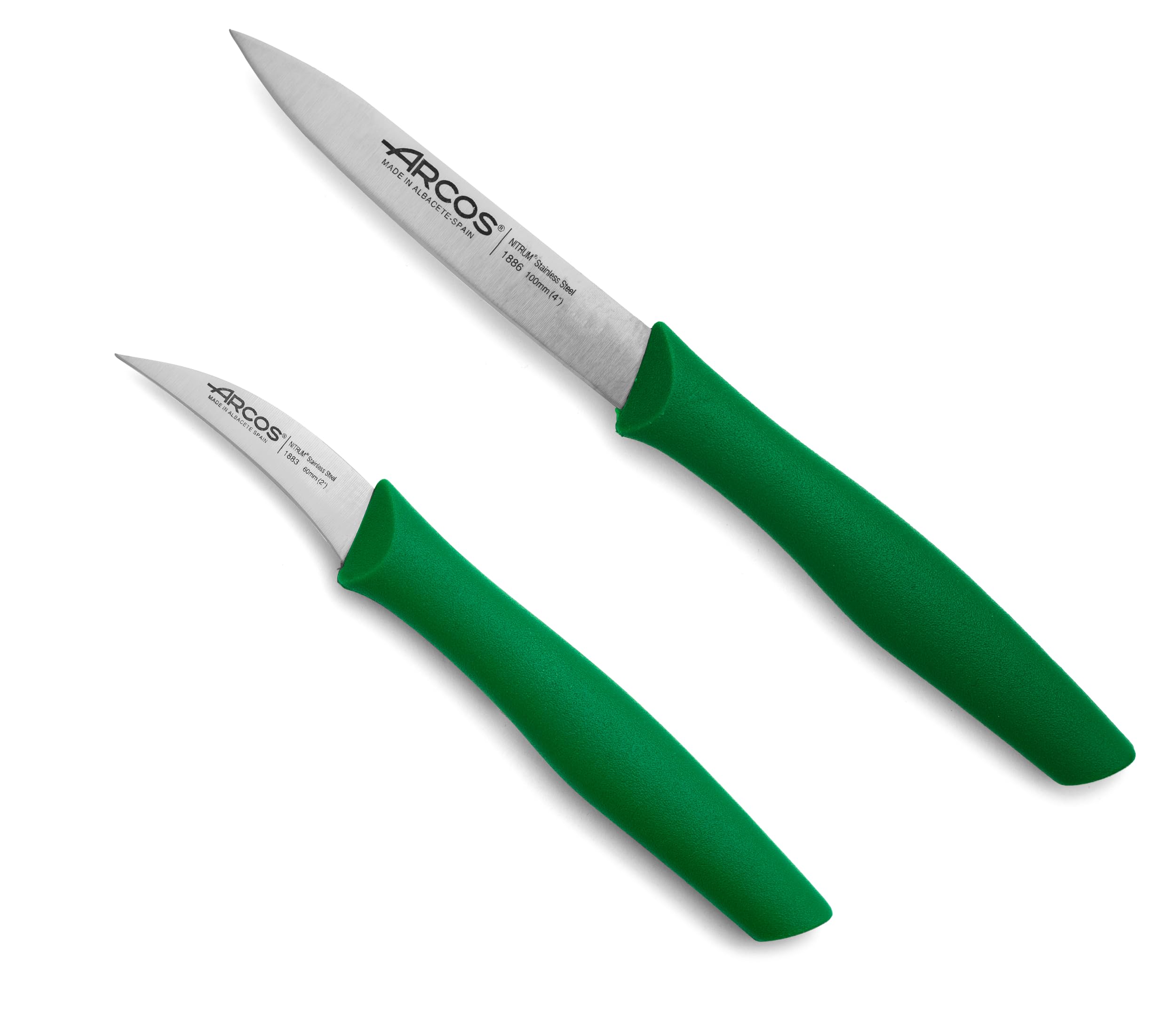 ARCOS 2 Pieces Paring Knife Set. 2 Peeling Knives of Stainless Steel and Ergonomic Polypropylene Handle for Cutting Fruits, Vegetables and Tubers. Series Nova. Color Green