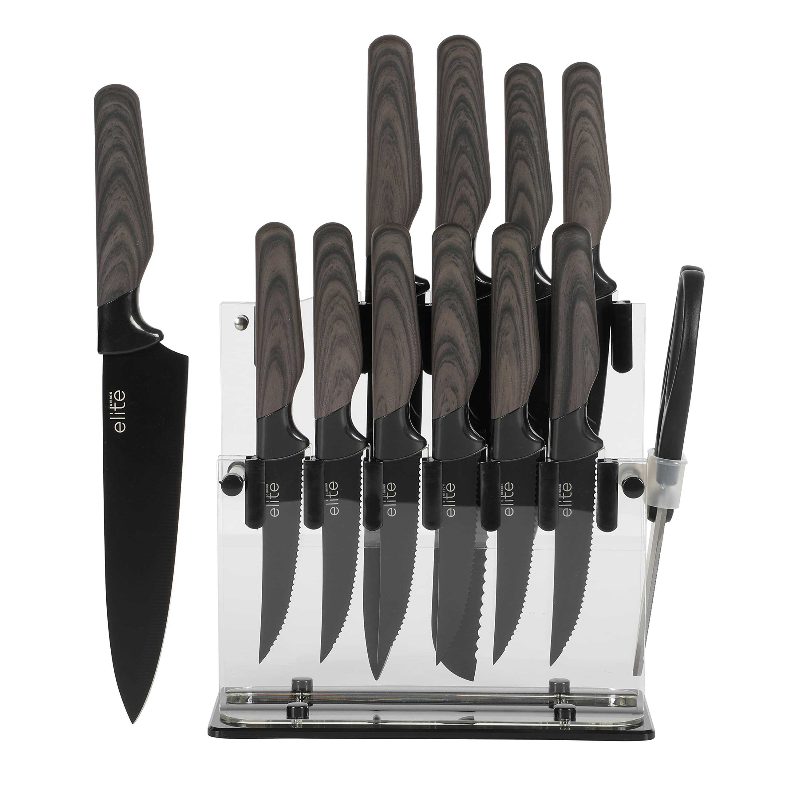 Gibson Soho Lounge 13 Piece Cutlery Set w/Acrylic Wood Block and Wood Soft Touch Handles