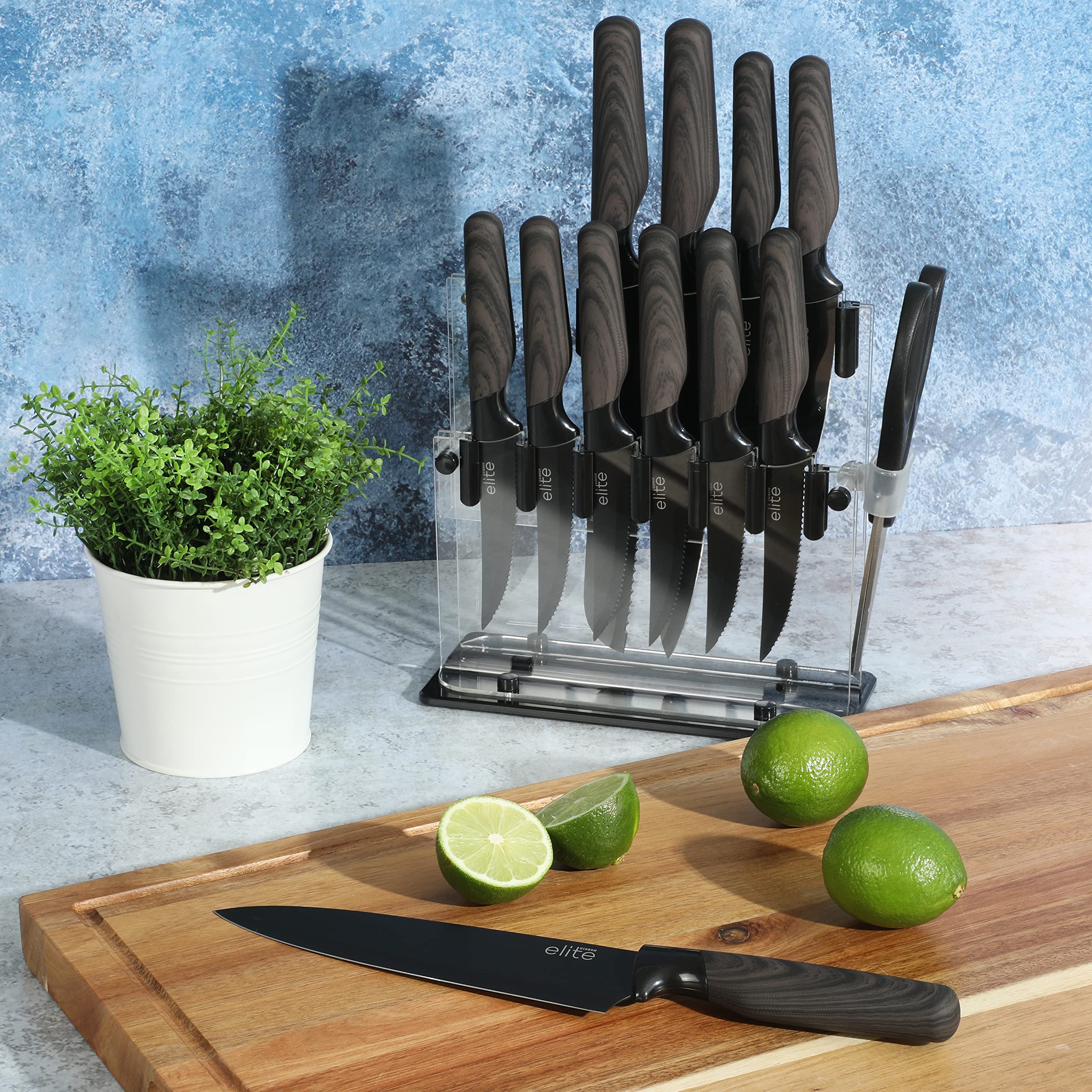 Gibson Soho Lounge 13 Piece Cutlery Set w/Acrylic Wood Block and Wood Soft Touch Handles