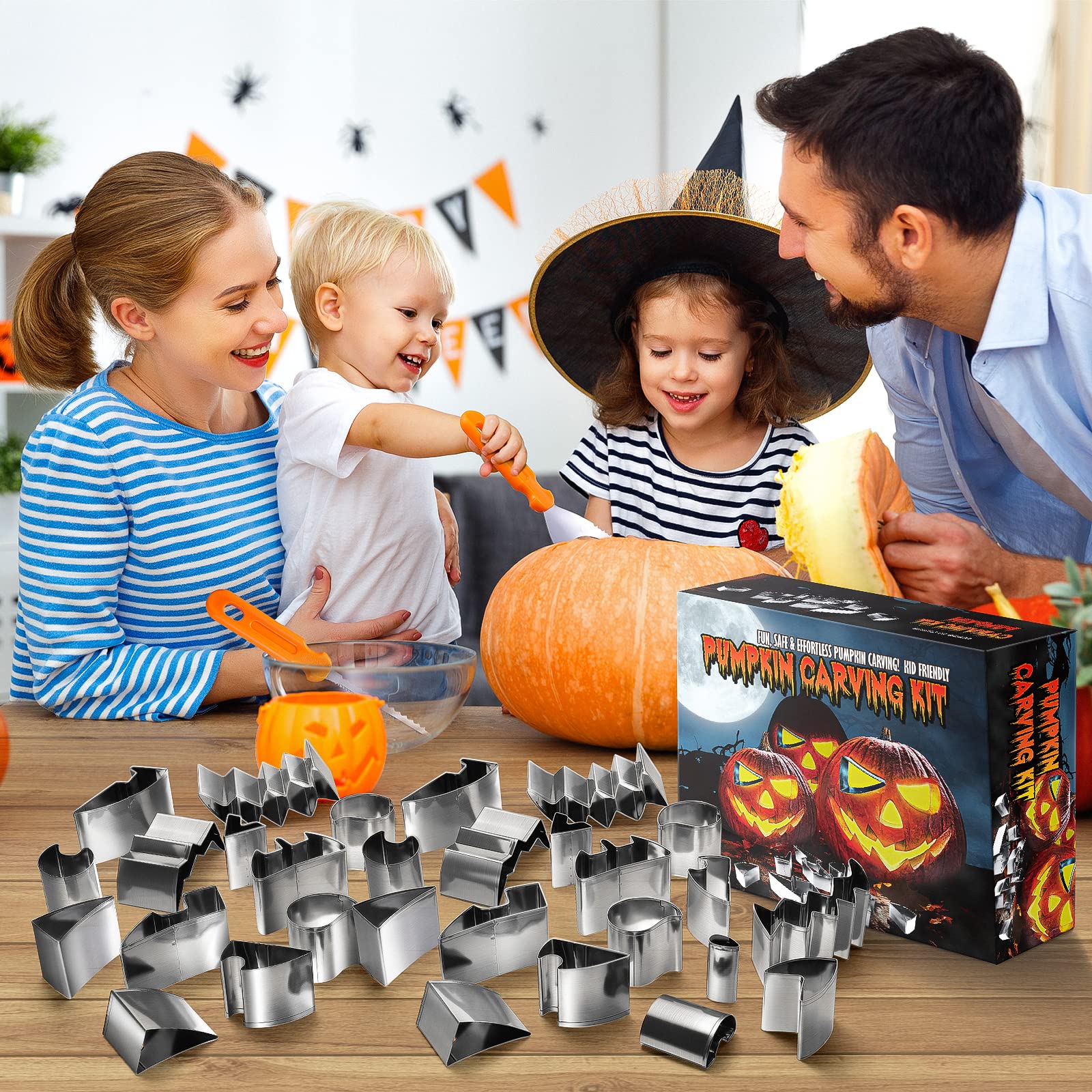 Bifrost Halloween Pumpkin Carving Kit - 24 Pcs Stainless Steel Pumpkin Carving Knife Sets with Stencils & Storage Bucket for Halloween