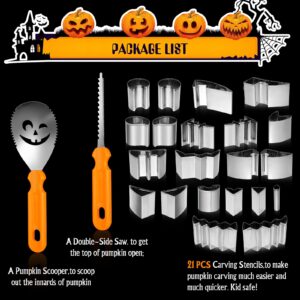 Bifrost Halloween Pumpkin Carving Kit - 24 Pcs Stainless Steel Pumpkin Carving Knife Sets with Stencils & Storage Bucket for Halloween