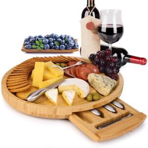 esup bamboo cheese board set cheese plate 16 '' x 13 '' with integrated slide-out drawer and 4 specialist stainless steel knife & 4 stainless steel fork thanksgiving gifts
