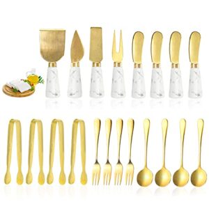 angiehaie 20 pcs gold cheese spreader knives set, butter knife spreaders for cheese board accessories, mini cheese knife slicer with serving tongs spoons and fruit forks charcuterie utensils - gold