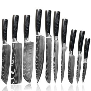 royal signet kitchen knife sets, 3.5-8 inch set boxed knives 400 stainless steel ultra-sharp japanese knives, damascu knife set, 10 tactical pieces knife set for chefs (black resin)