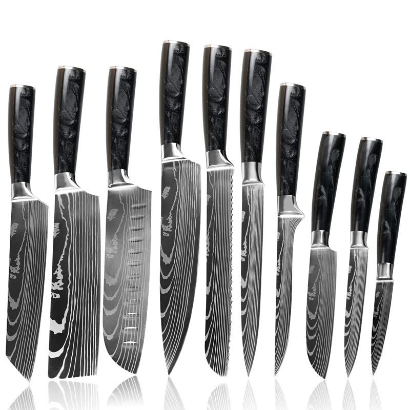 ROYAL SIGNET Kitchen knife sets, 3.5-8 inch set boxed knives 400 stainless steel ultra-sharp Japanese knives, damascu knife set, 10 tactical pieces knife set for chefs (Black Resin)