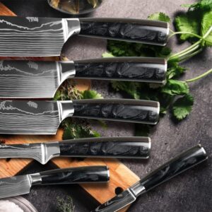 ROYAL SIGNET Kitchen knife sets, 3.5-8 inch set boxed knives 400 stainless steel ultra-sharp Japanese knives, damascu knife set, 10 tactical pieces knife set for chefs (Black Resin)