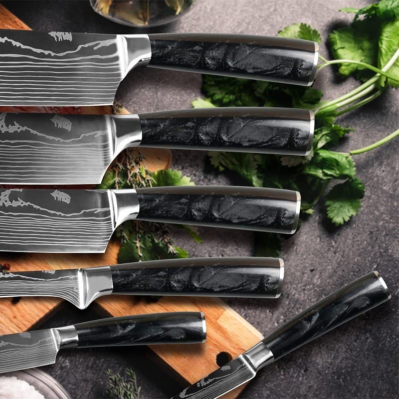 ROYAL SIGNET Kitchen knife sets, 3.5-8 inch set boxed knives 400 stainless steel ultra-sharp Japanese knives, damascu knife set, 10 tactical pieces knife set for chefs (Black Resin)