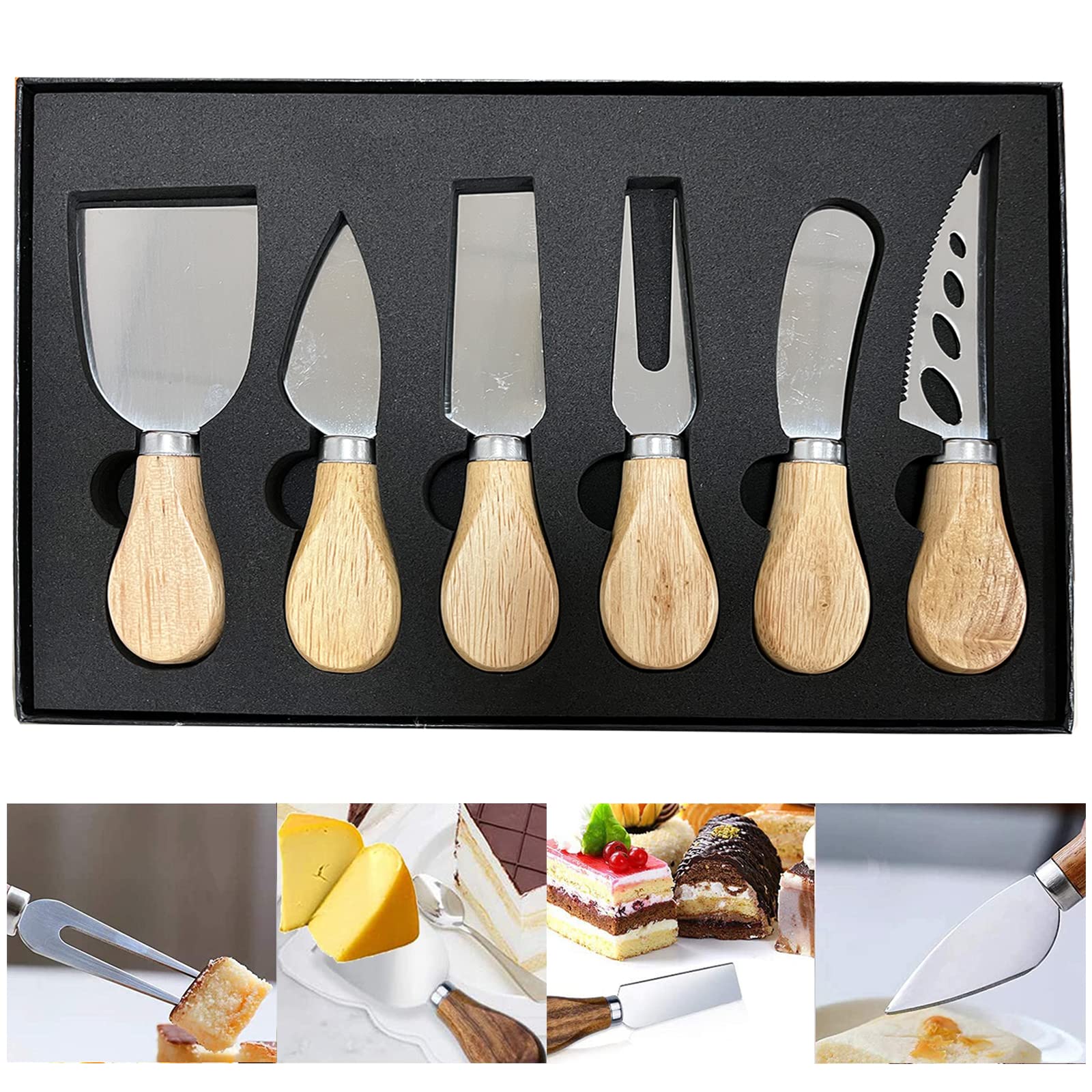 ewori 6 Pcs Cheese Knives Gift Set with Wood Handles Stainless Steel