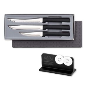 rada cooking essentials knife starter gift 3 piece black handled set with knife sharpener