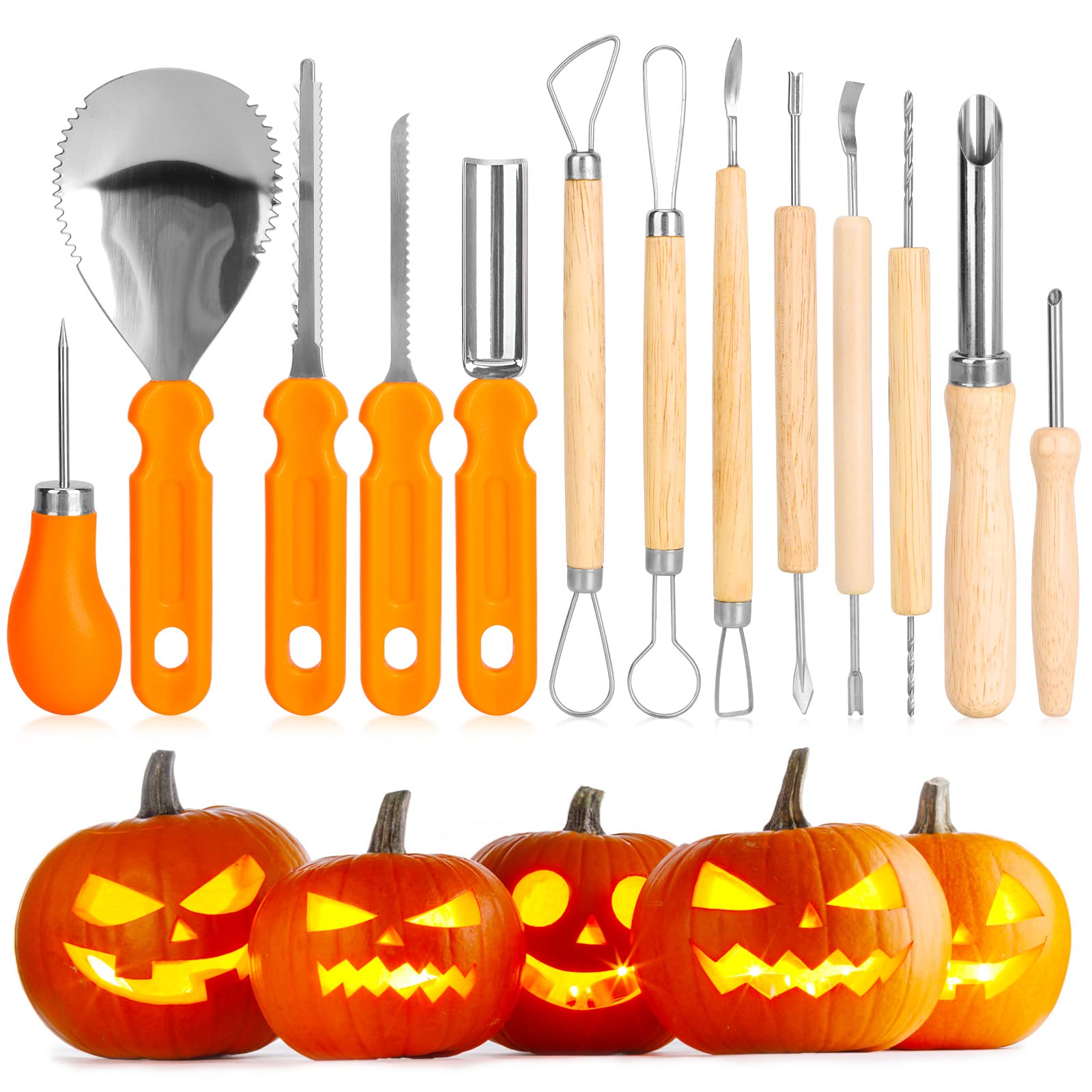 Halloween Pumpkin Carving Kit, 13 Piece Professional Stainless Steel Pumpkin Cutting Carving Supplies Tools for Adults & Kids, Sculpting Tools with Handbag Carve Jack-O-Lanterns Halloween Decorations