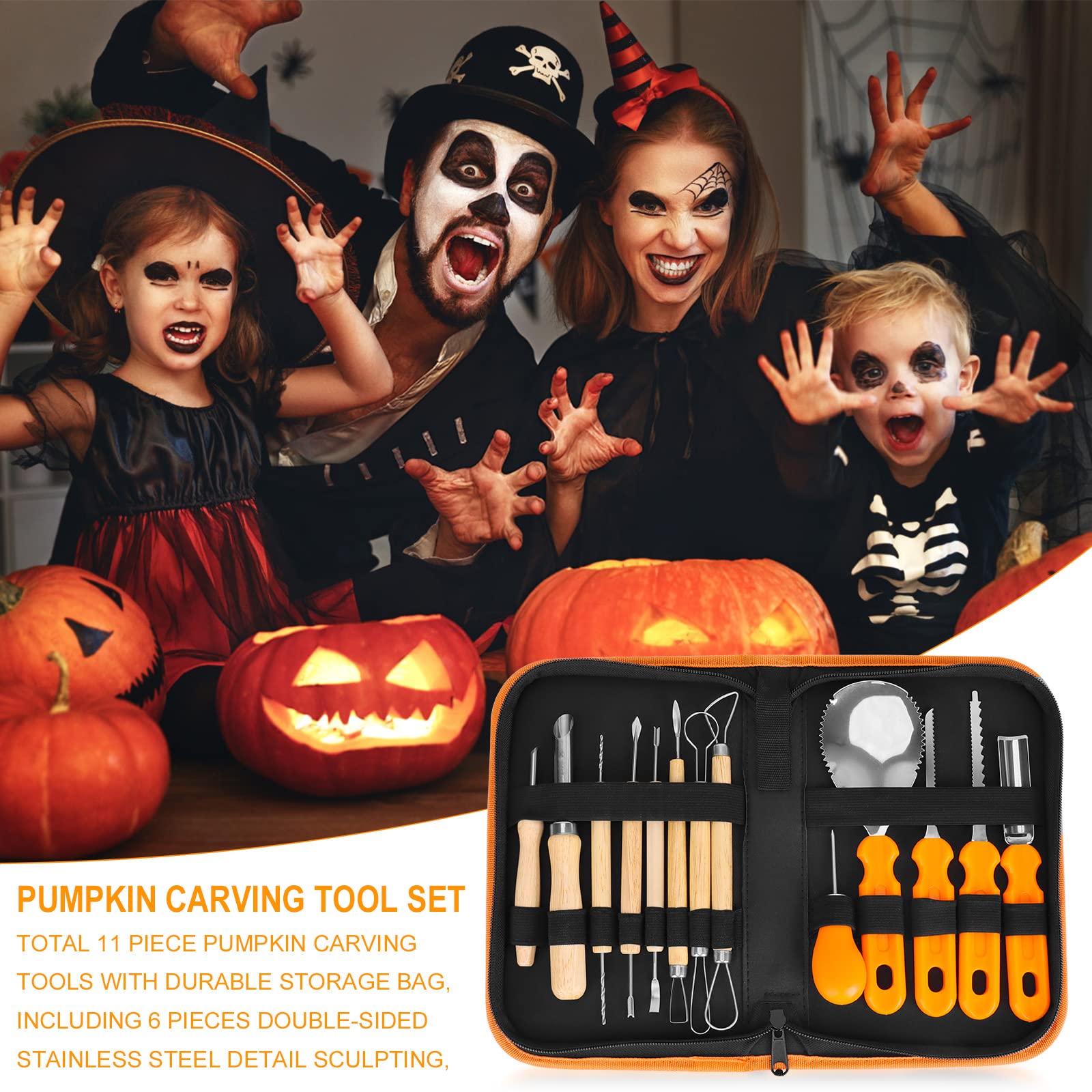 Halloween Pumpkin Carving Kit, 13 Piece Professional Stainless Steel Pumpkin Cutting Carving Supplies Tools for Adults & Kids, Sculpting Tools with Handbag Carve Jack-O-Lanterns Halloween Decorations