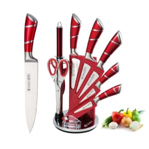 kitchen knife set, 9-piece red kitchen knife set with acrylic block, non stick sharp high carbon stainless steel knife set for kitchen cutting meat slicing chopping kitchen gifts for women (red)