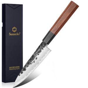 sunnecko 5.5 inch fruit knife, kitchen paring knife japanese 9cr18mov 3-layered high carbon stainless steel pearing knife wood handle for fruit