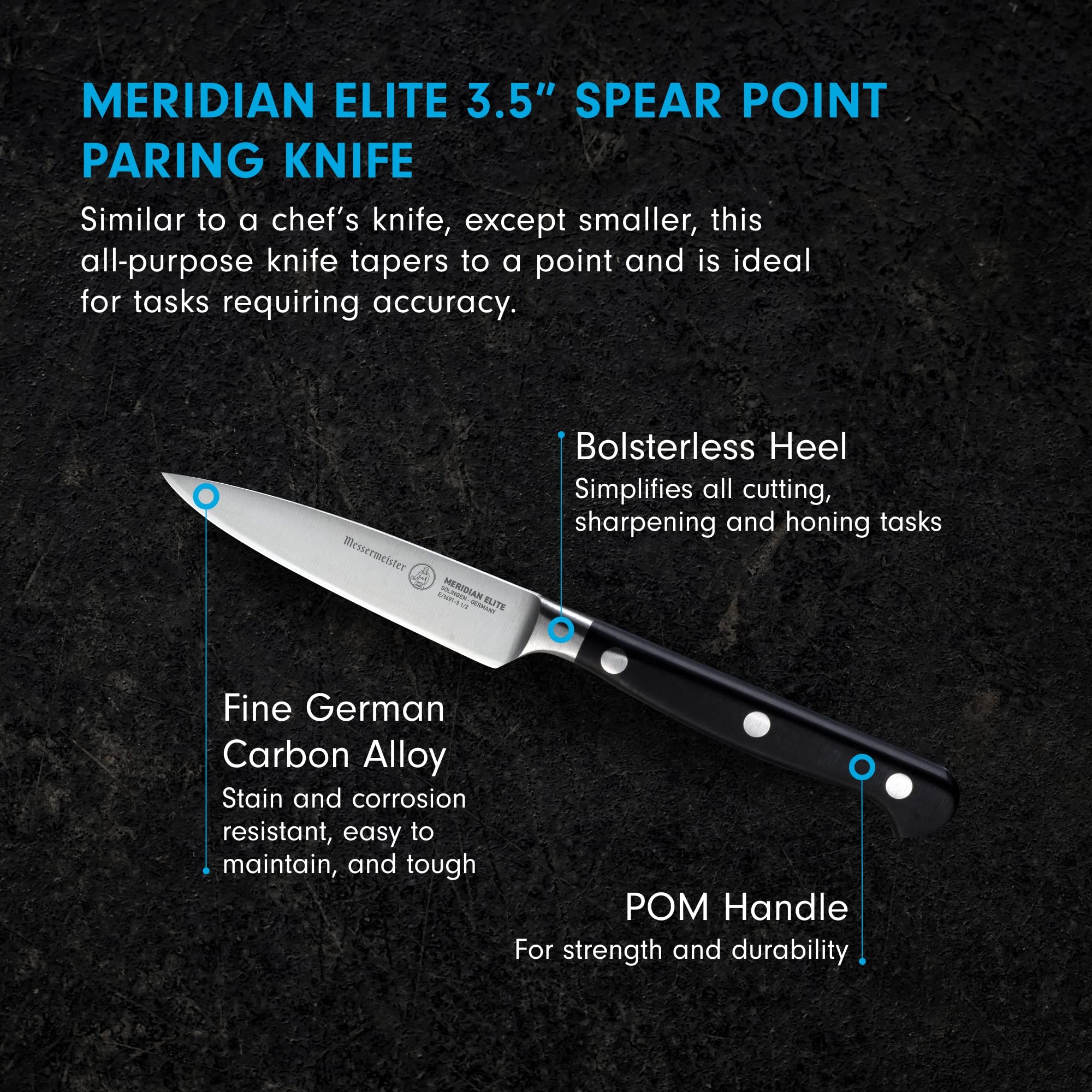 Messermeister Meridian Elite 3.5” Spear Point Paring Knife - Fine German Steel Alloy Blade - Rust Resistant & Easy to Maintain