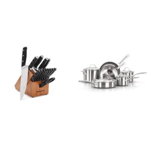 calphalon kitchen knife set with self-sharpening block, 15-piece classic high carbon knives & 10-piece pots and pans set, stainless steel kitchen cookware, silver