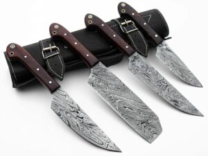 sapra hand forged custom made damascus steel 4 pcs outdoor bbq professional utility knives chef knife set for kitchen with handmade leather roll bag p-2090-r-kcs