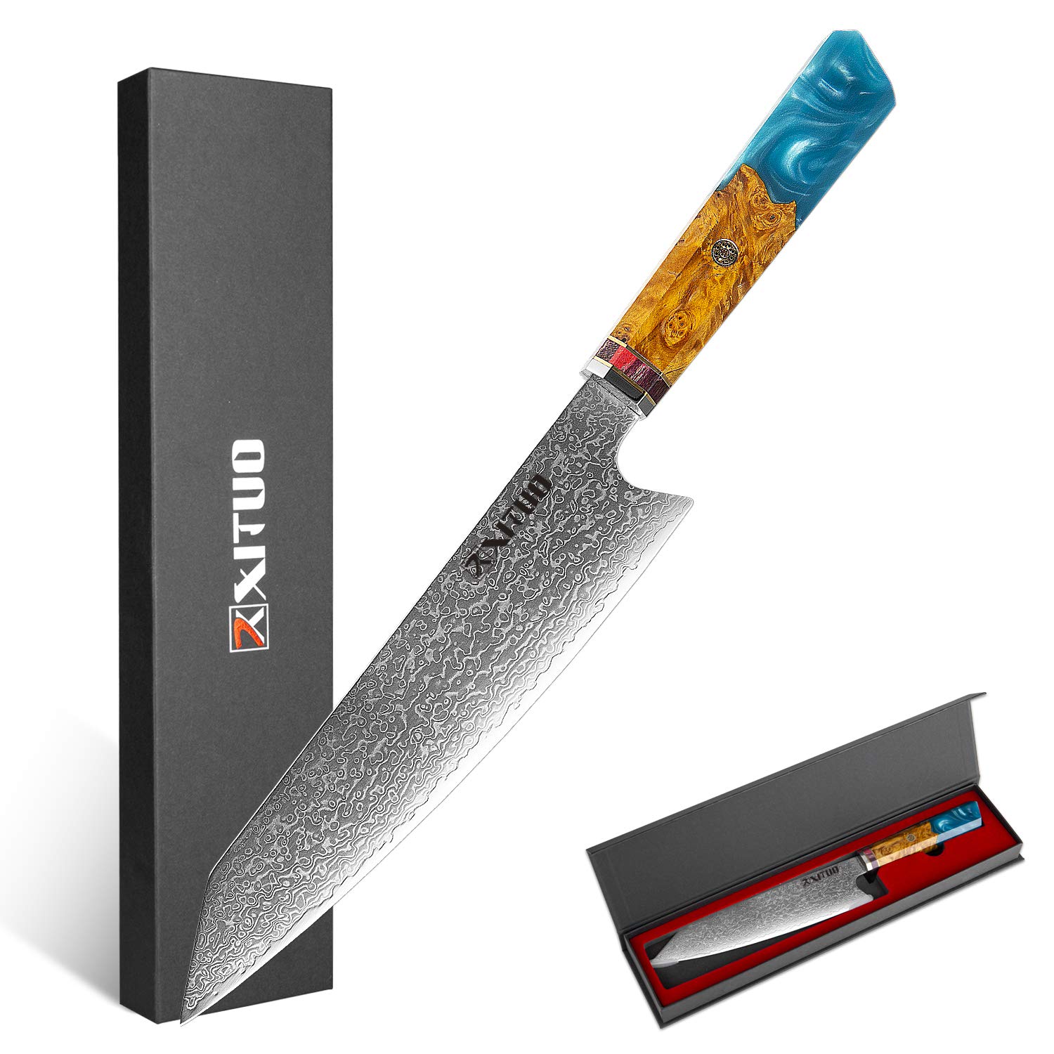 XT XITUO Kiritsuke Chef Knife,8 inch kitchen Knives Japanese VG10 Steel Damascus Kitchen Meat Sushi Cutting Cleaver Knife w/octagon Blue Resin handle Gift Box (8‘’ LSZ-Kiritsuke Knife)…