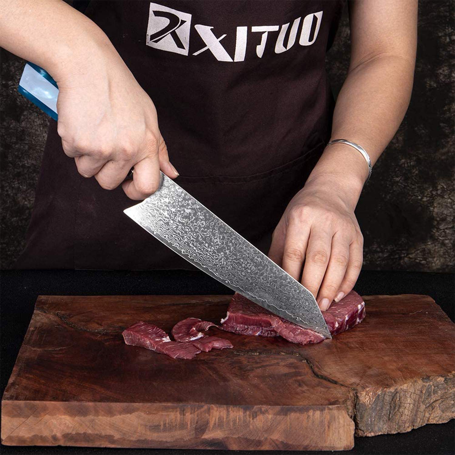 XT XITUO Kiritsuke Chef Knife,8 inch kitchen Knives Japanese VG10 Steel Damascus Kitchen Meat Sushi Cutting Cleaver Knife w/octagon Blue Resin handle Gift Box (8‘’ LSZ-Kiritsuke Knife)…