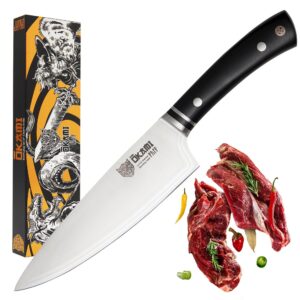 okami chef's knife 8 inch - asgard series - professional german stainless steel - extra sharp - full tang - mirror polished - with edge guard - black