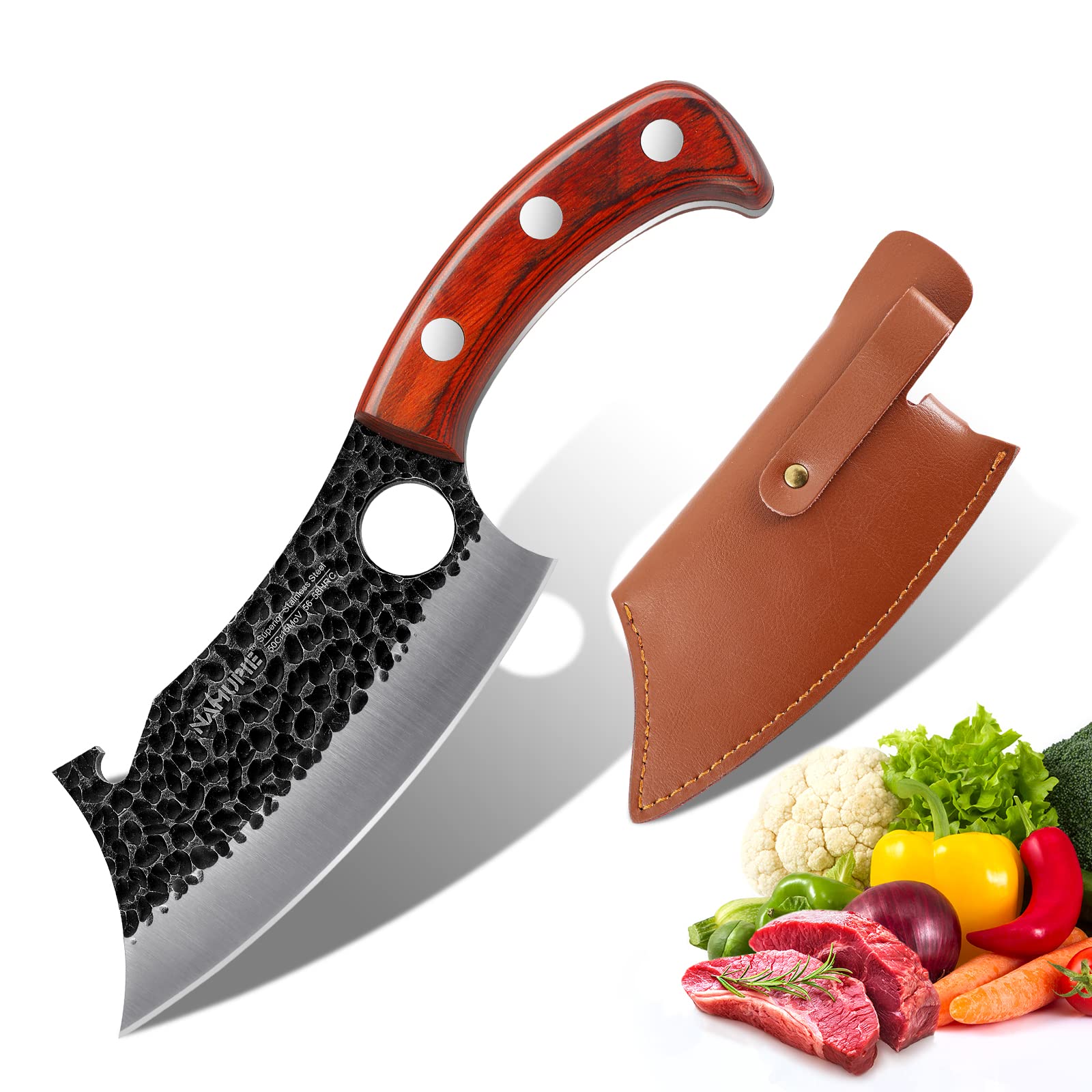 NAMUPIE Boning Knife 6.1 Inch Kitchen Hand Forged Chef Knife with Leather Sheath Gift Box Bottle Opener Design Sharp Meat Butcher Cleaver Kitchen Knife for Kitchen, Outdoor, BBQ, Camping